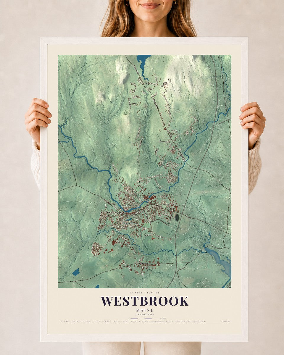 Westbrook, Maine map print - 24 x 36 white Ayous wood frame