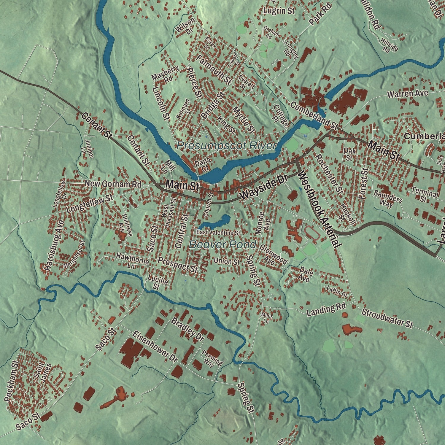 Terrain and local geography detail from the Westbrook, Maine map