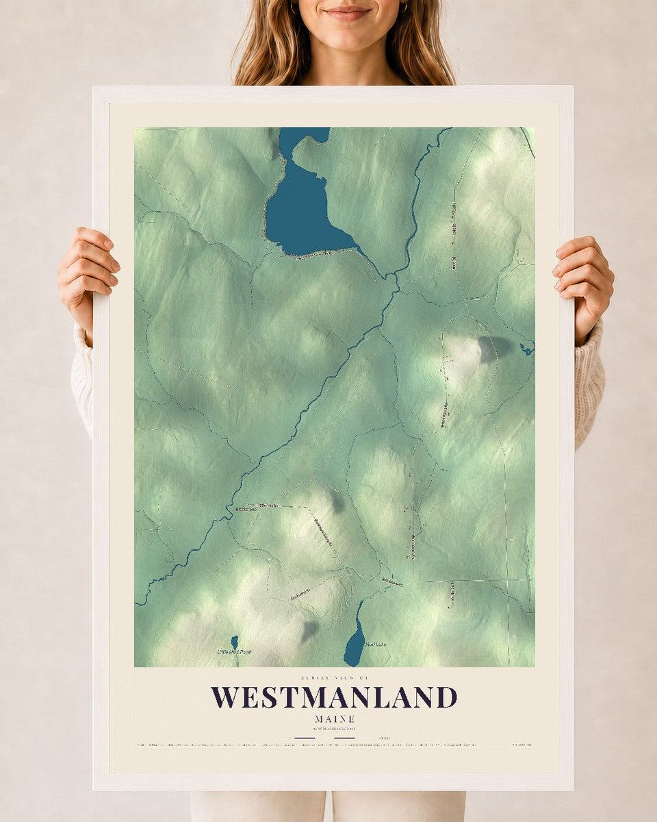 Westmanland, Maine map print - 24 x 36 white Ayous wood frame