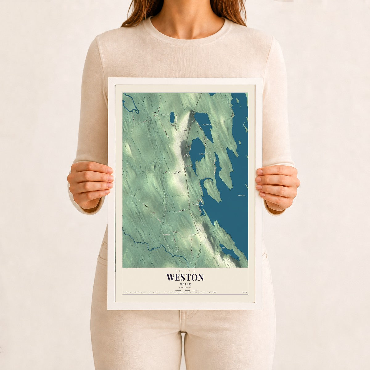 Weston, Maine map print - 12 x 18 white Ayous wood frame