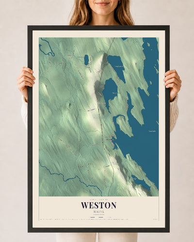 Weston, Maine map print - 24 x 36 black Ayous wood frame