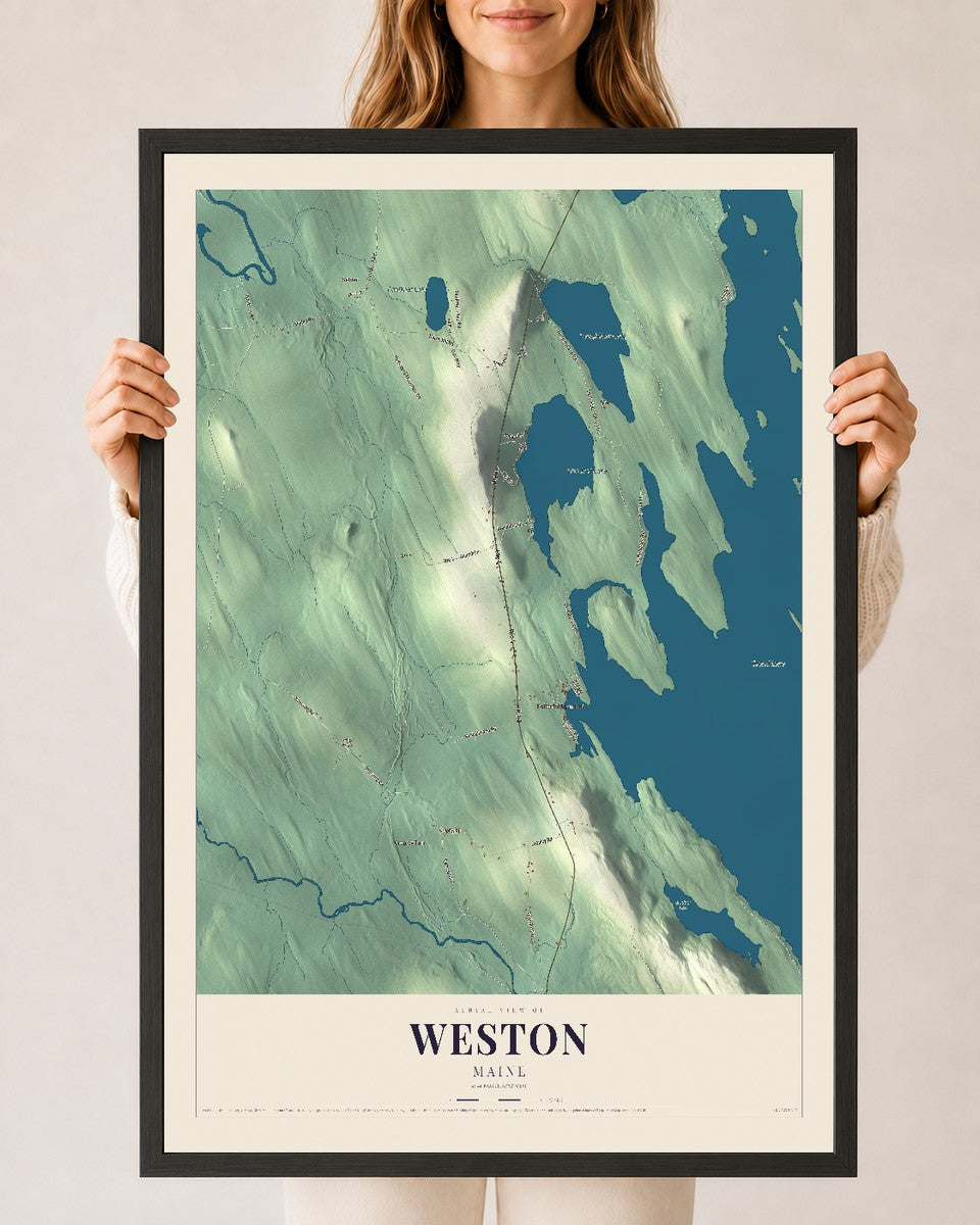 Weston, Maine map print - 24 x 36 black Ayous wood frame