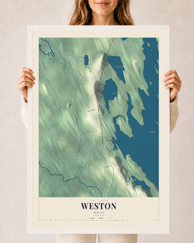 Weston, Maine map print - 24 x 36 white Ayous wood frame