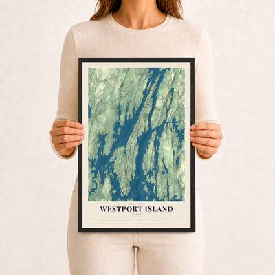 Westport Island, Maine map print - 12 x 18 black Ayous wood frame