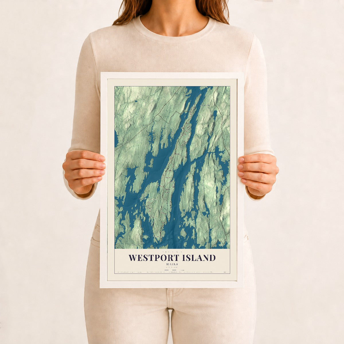 Westport Island, Maine map print - 12 x 18 white Ayous wood frame