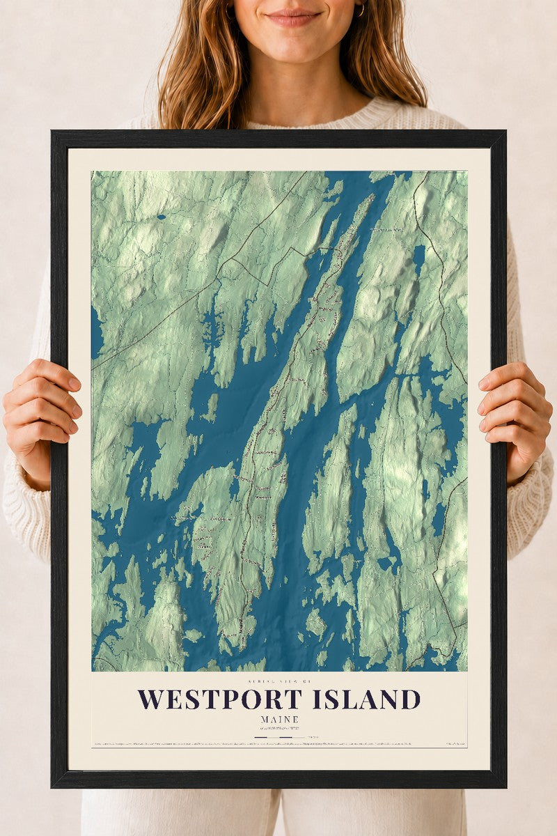 Westport Island, Maine map print - 18 x 24 black Ayous wood frame