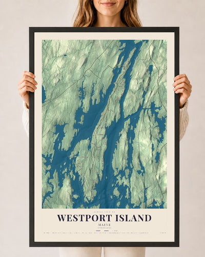 Westport Island, Maine map print - 24 x 36 black Ayous wood frame