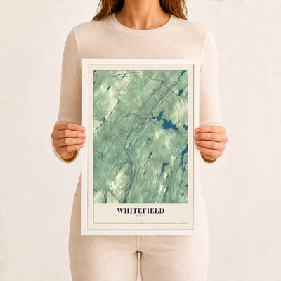 Whitefield, Maine map print - 12 x 18 white Ayous wood frame