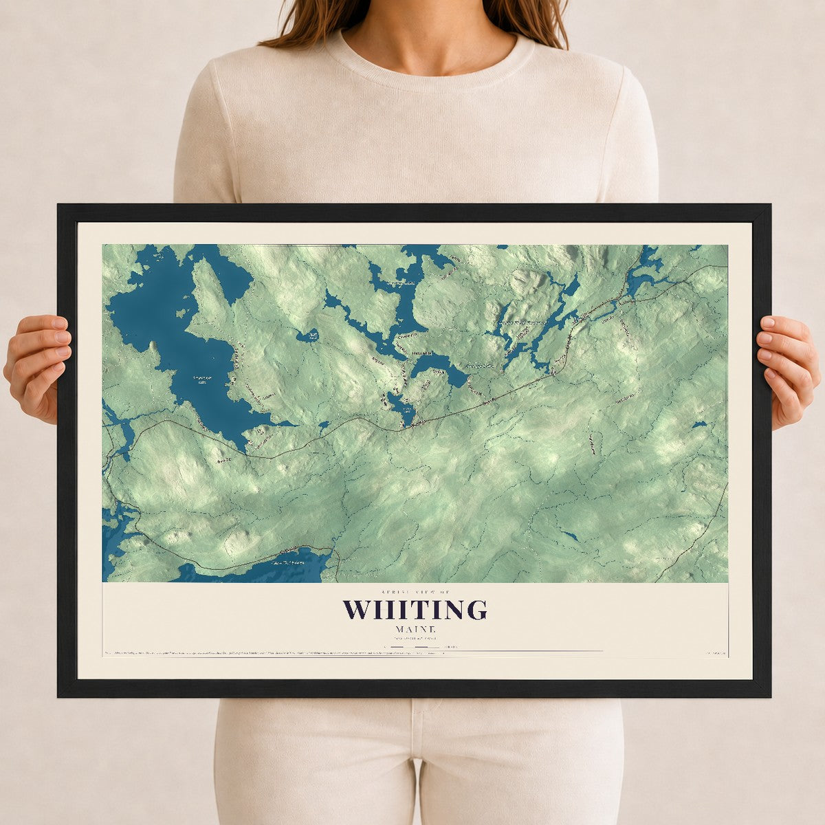 Whiting, Maine map print - 12 x 18 black Ayous wood frame