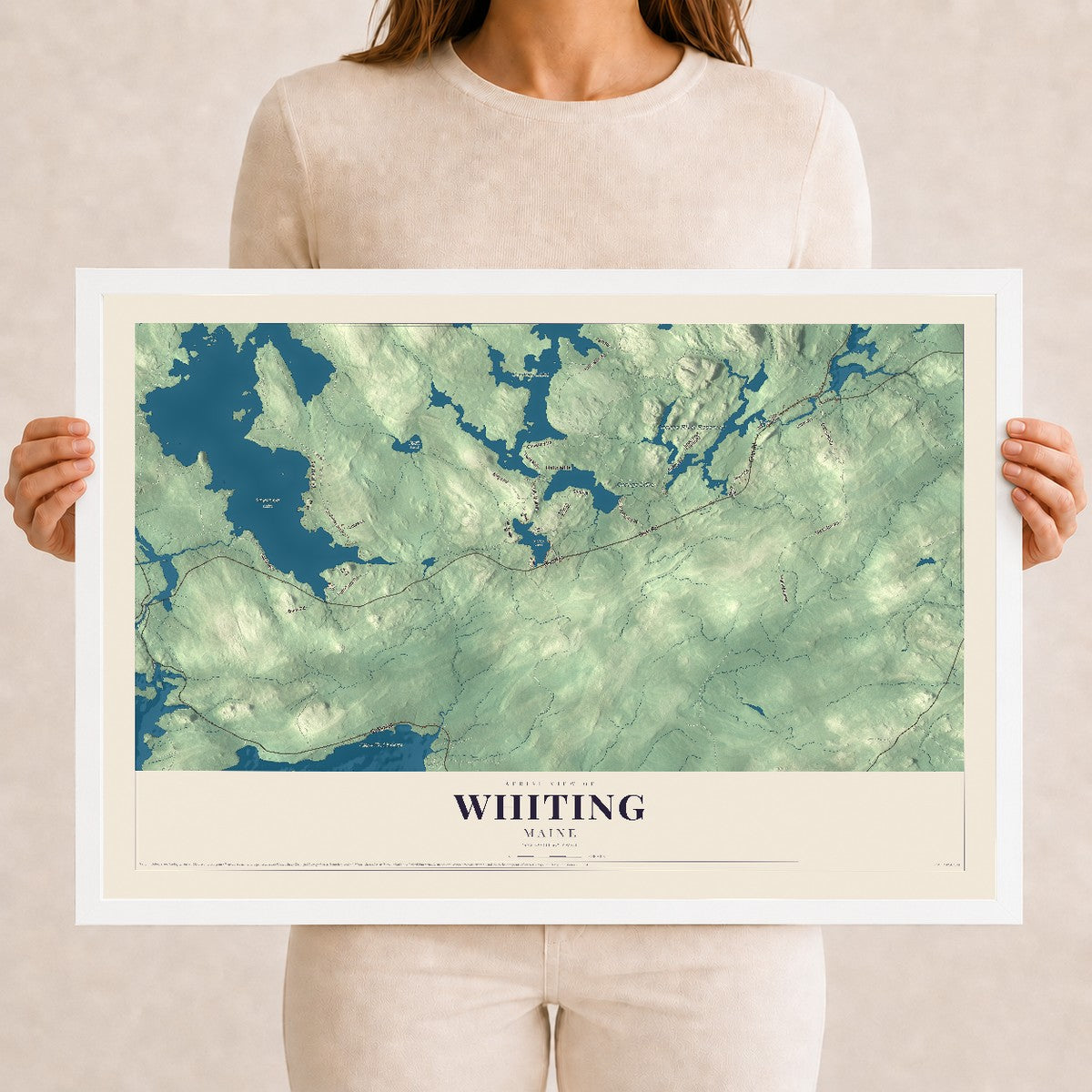 Whiting, Maine map print - 12 x 18 white Ayous wood frame