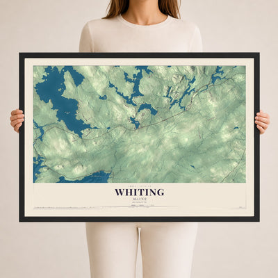Whiting, Maine map print - 24 x 36 black Ayous wood frame