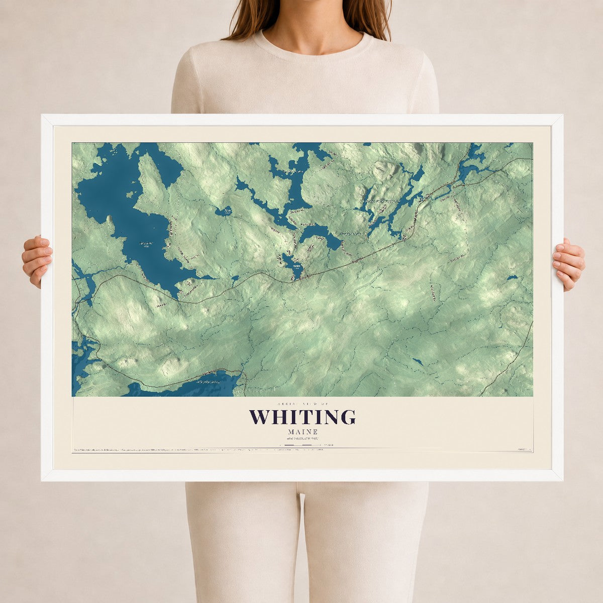 Whiting, Maine map print - 24 x 36 white Ayous wood frame
