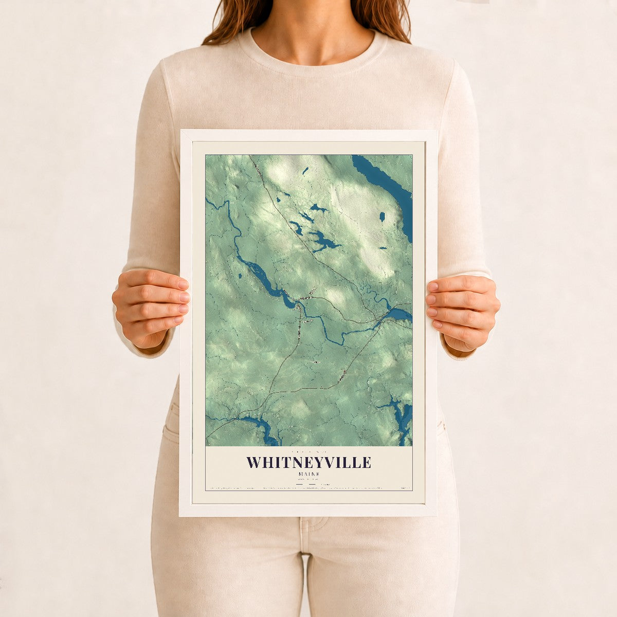Whitneyville, Maine map print - 12 x 18 white Ayous wood frame