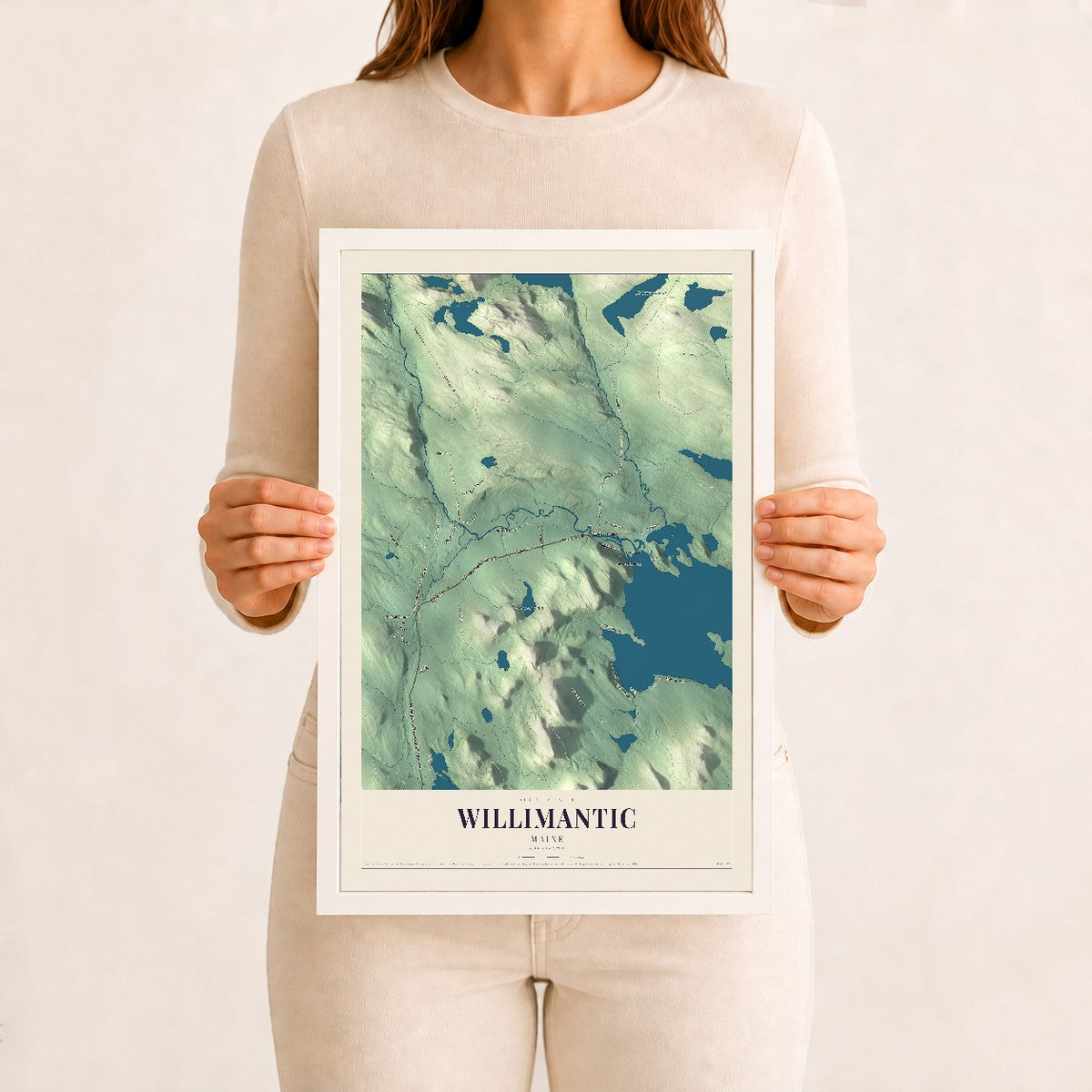 Willimantic, Maine map print - 12 x 18 white Ayous wood frame