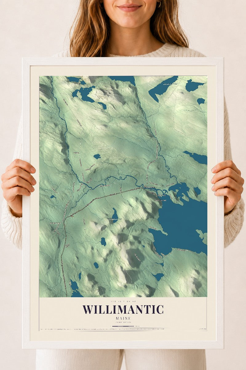 Willimantic, Maine map print - 18 x 24 white Ayous wood frame
