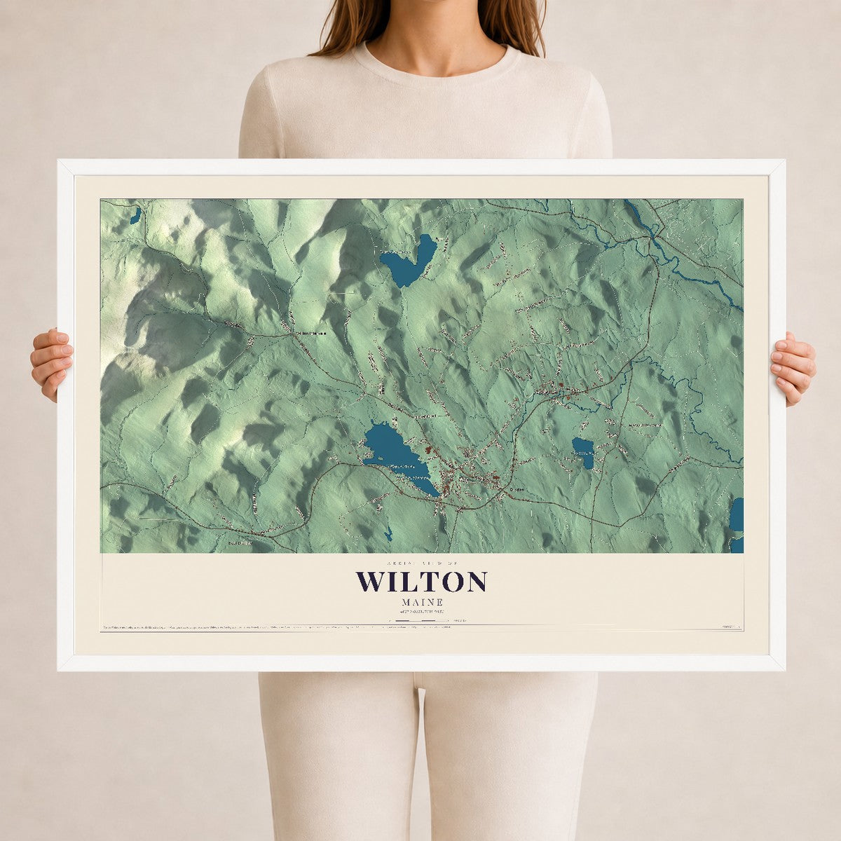 Wilton, Maine map print - 24 x 36 white Ayous wood frame