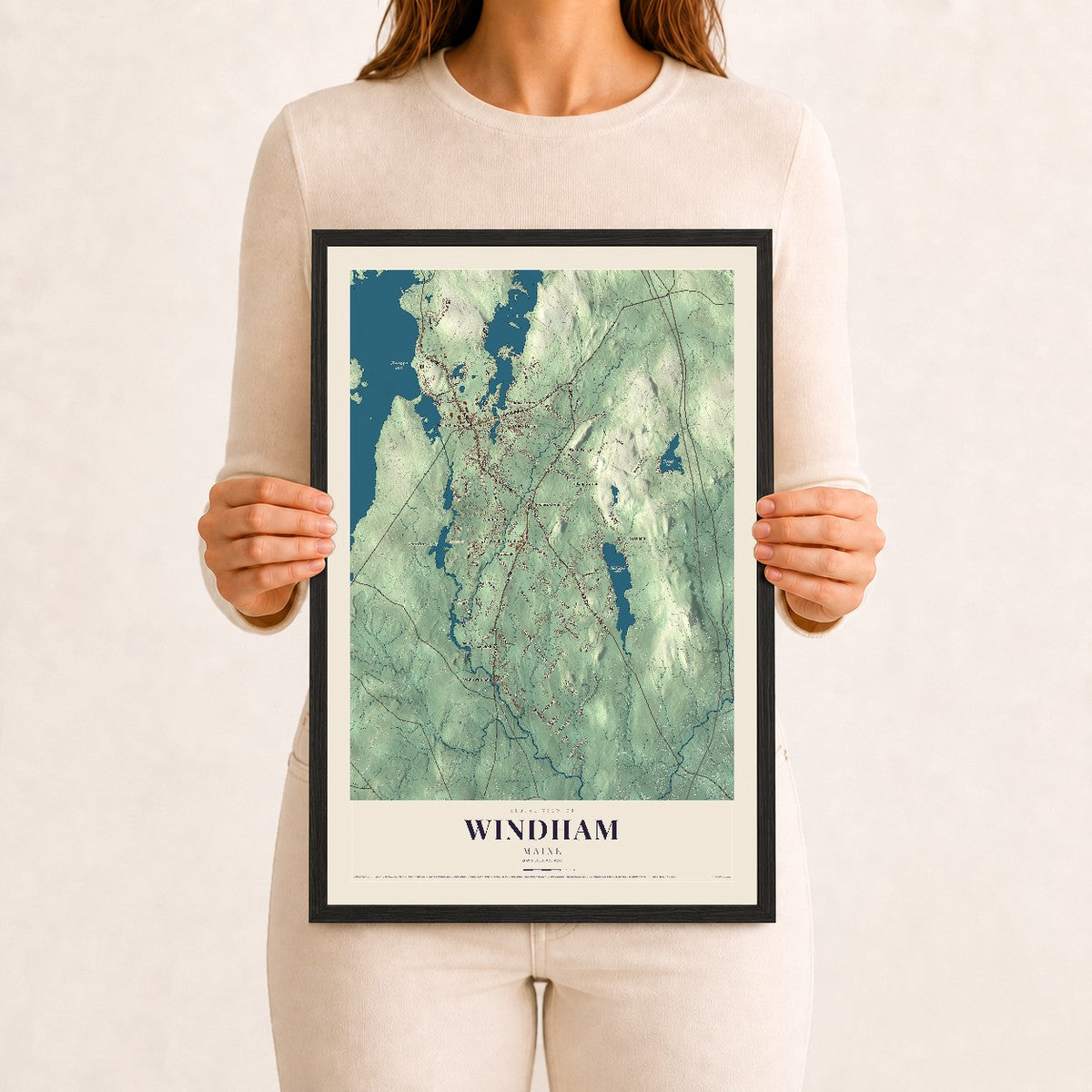 Windham, Maine map print - 12 x 18 black Ayous wood frame