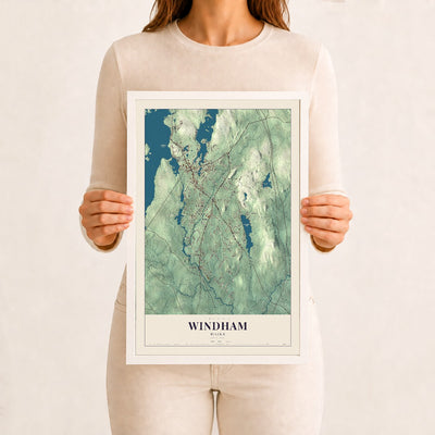 Windham, Maine map print - 12 x 18 white Ayous wood frame