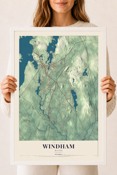 Windham, Maine map print - 18 x 24 white Ayous wood frame