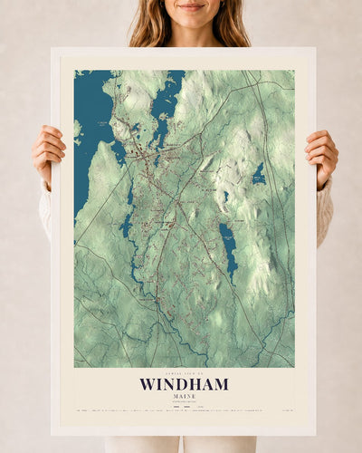 Windham, Maine map print - 24 x 36 white Ayous wood frame