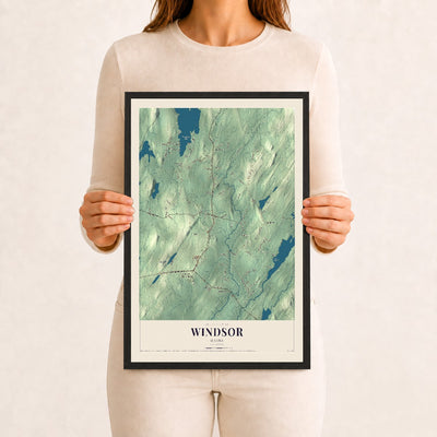 Windsor, Maine map print - 12 x 18 black Ayous wood frame