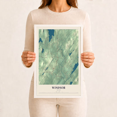 Windsor, Maine map print - 12 x 18 white Ayous wood frame