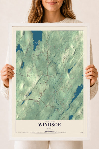Windsor, Maine map print - 18 x 24 white Ayous wood frame