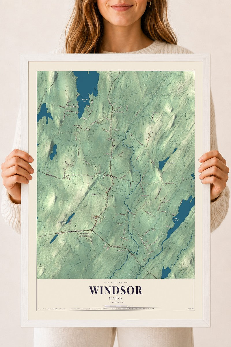 Windsor, Maine map print - 18 x 24 white Ayous wood frame