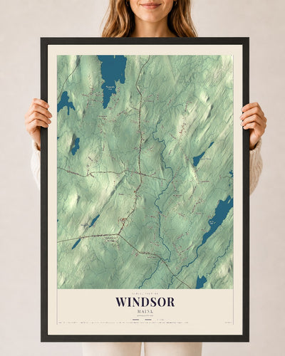Windsor, Maine map print - 24 x 36 black Ayous wood frame