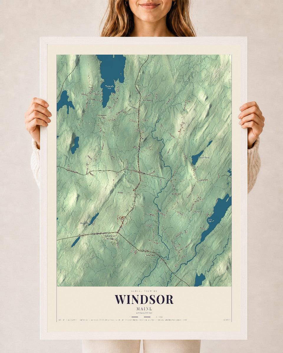 Windsor, Maine map print - 24 x 36 white Ayous wood frame