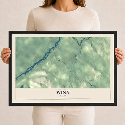 Winn, Maine map print - 12 x 18 black Ayous wood frame
