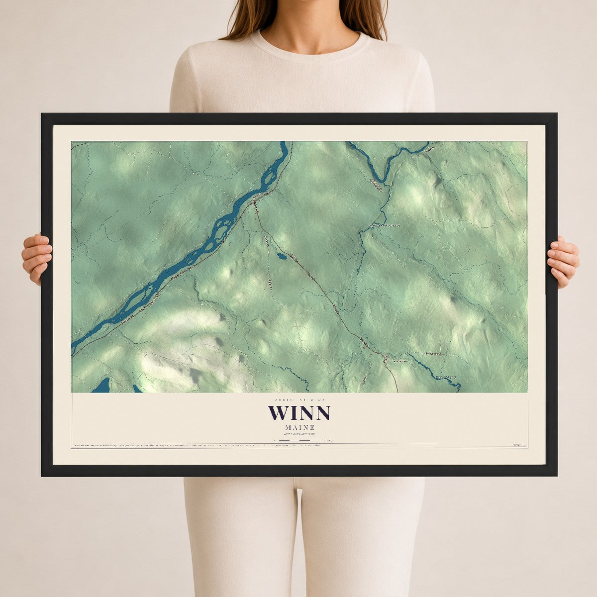Winn, Maine map print - 24 x 36 black Ayous wood frame