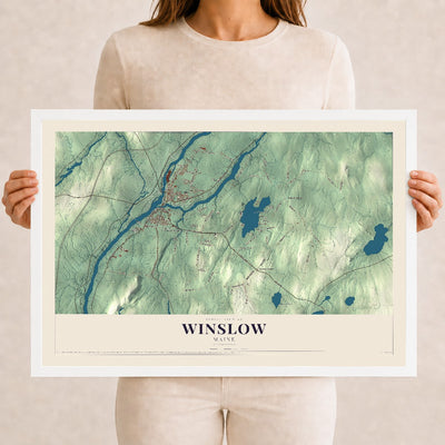 Winslow, Maine map print - 12 x 18 white Ayous wood frame