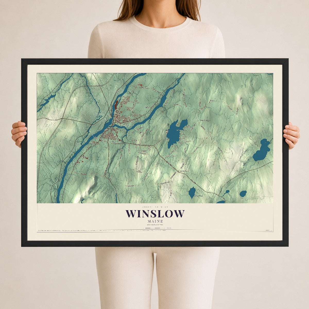 Winslow, Maine map print - 24 x 36 black Ayous wood frame