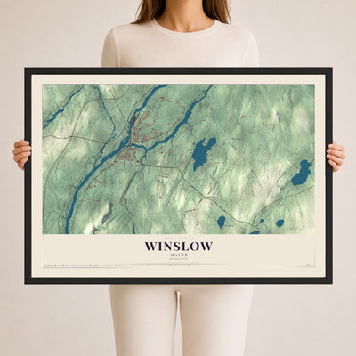 Winslow, Maine map print - 24 x 36 black Ayous wood frame