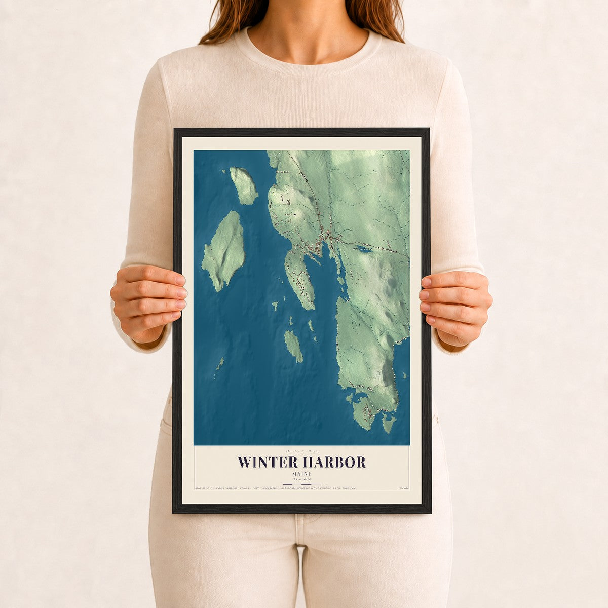 Winter Harbor, Maine map print - 12 x 18 black Ayous wood frame