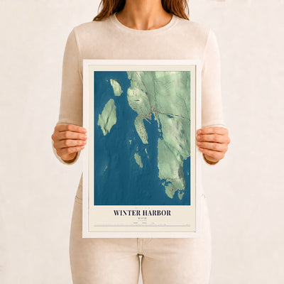 Winter Harbor, Maine map print - 12 x 18 white Ayous wood frame