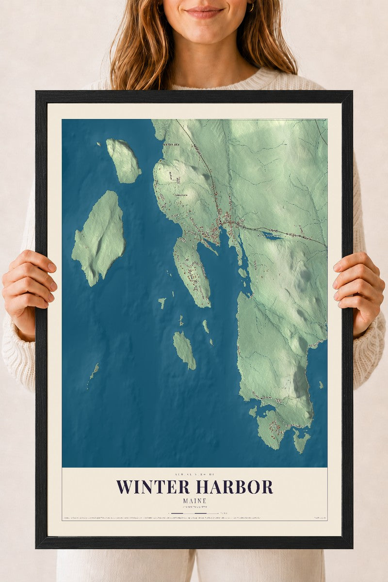 Winter Harbor, Maine map print - 18 x 24 black Ayous wood frame