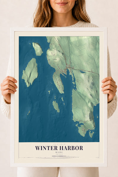 Winter Harbor, Maine map print - 18 x 24 white Ayous wood frame