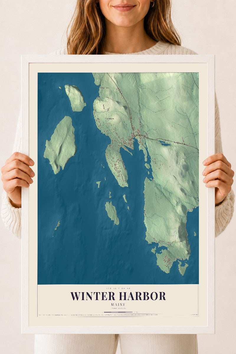 Winter Harbor, Maine map print - 18 x 24 white Ayous wood frame