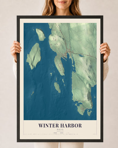Winter Harbor, Maine map print - 24 x 36 black Ayous wood frame