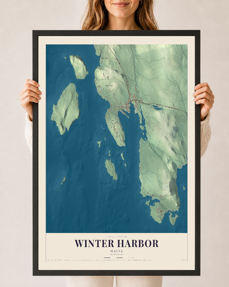 Winter Harbor, Maine map print - 24 x 36 black Ayous wood frame