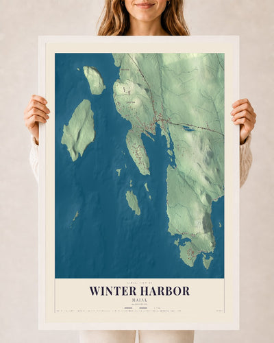 Winter Harbor, Maine map print - 24 x 36 white Ayous wood frame
