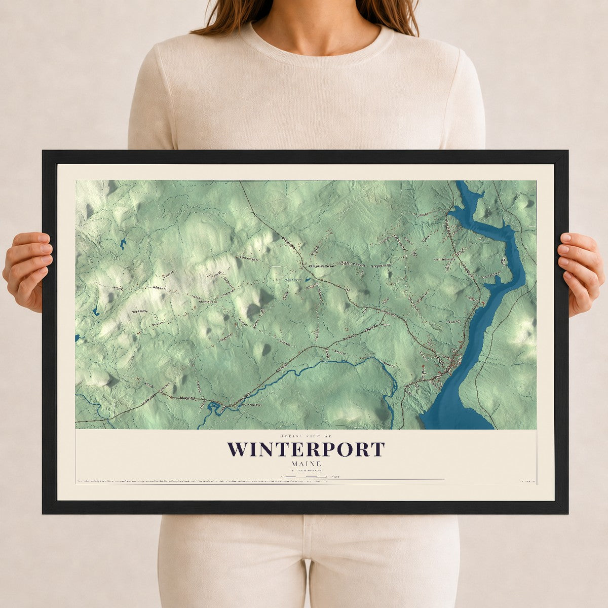 Winterport, Maine map print - 12 x 18 black Ayous wood frame