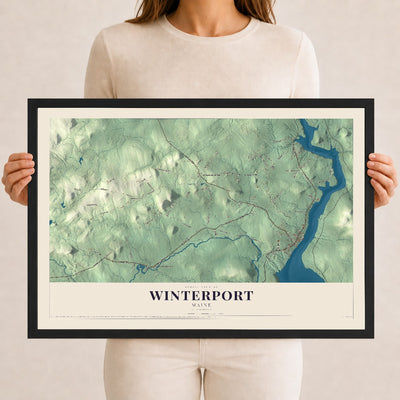 Winterport, Maine map print - 12 x 18 black Ayous wood frame