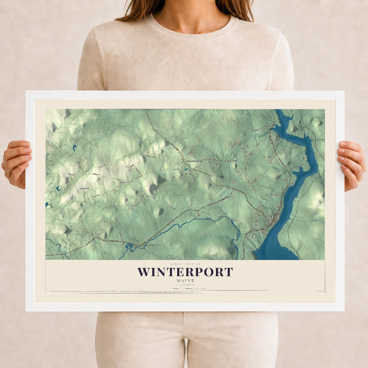 Winterport, Maine map print - 12 x 18 white Ayous wood frame