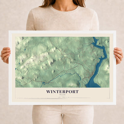 Winterport, Maine map print - 12 x 18 white Ayous wood frame