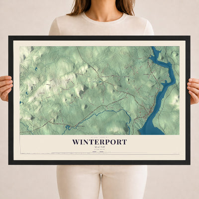 Winterport, Maine map print - 18 x 24 black Ayous wood frame