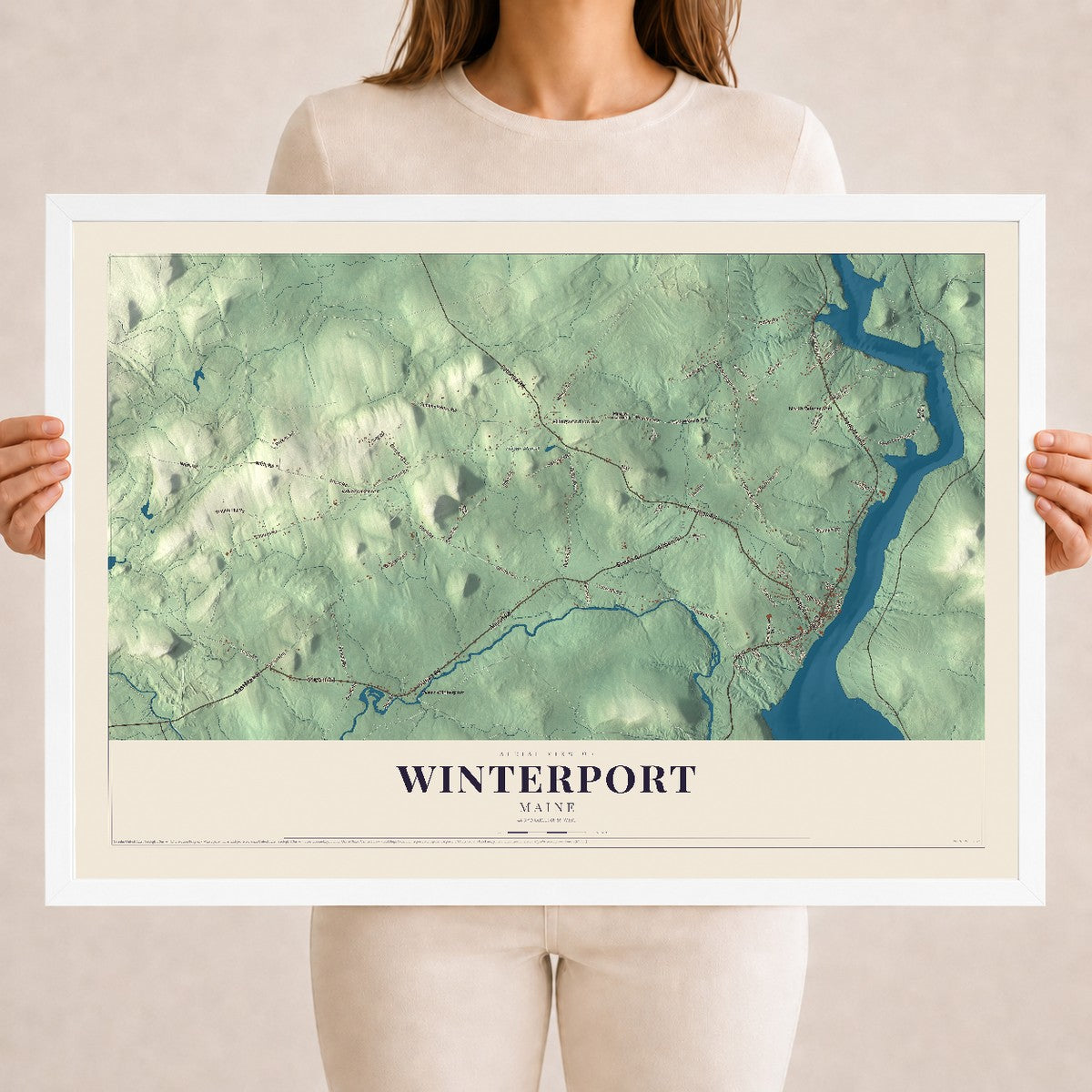 Winterport, Maine map print - 18 x 24 white Ayous wood frame