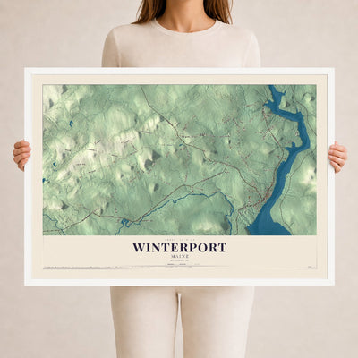 Winterport, Maine map print - 24 x 36 white Ayous wood frame